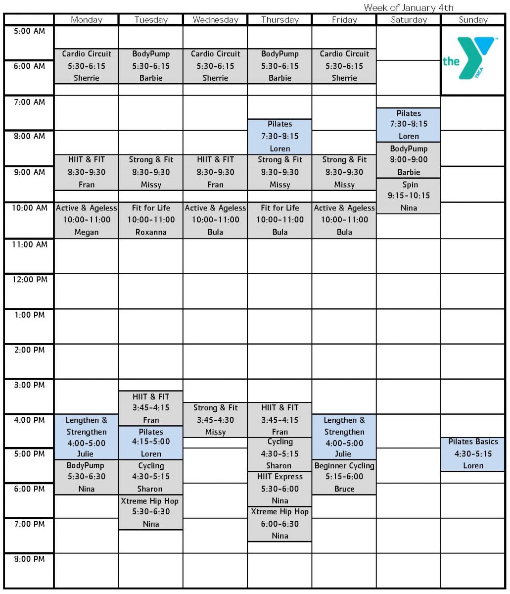 Group Fitness YMCA class schedule