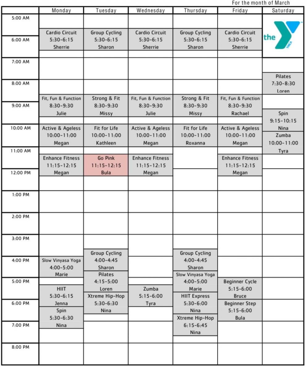 Group Fitness YMCA class schedule